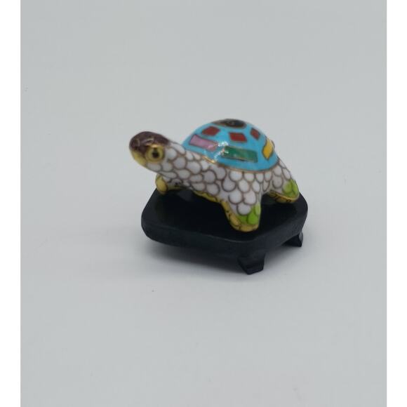 Cloisonne Enamel Colorful Turtle With Wooden Stand Figural Figurine Miniature - Picture 2 of 8